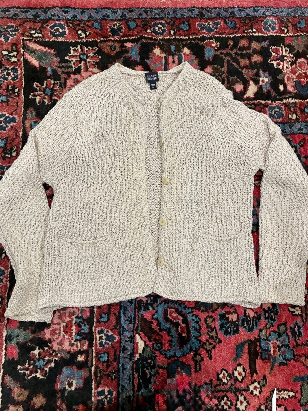 EILEEN FISHER beige chunky knit button front cardigan sweater